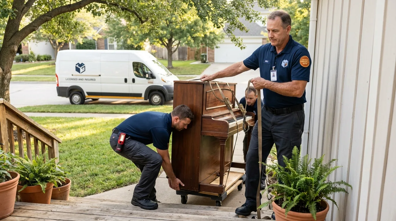 Licensed piano movers securing grand piano in Jones, OK