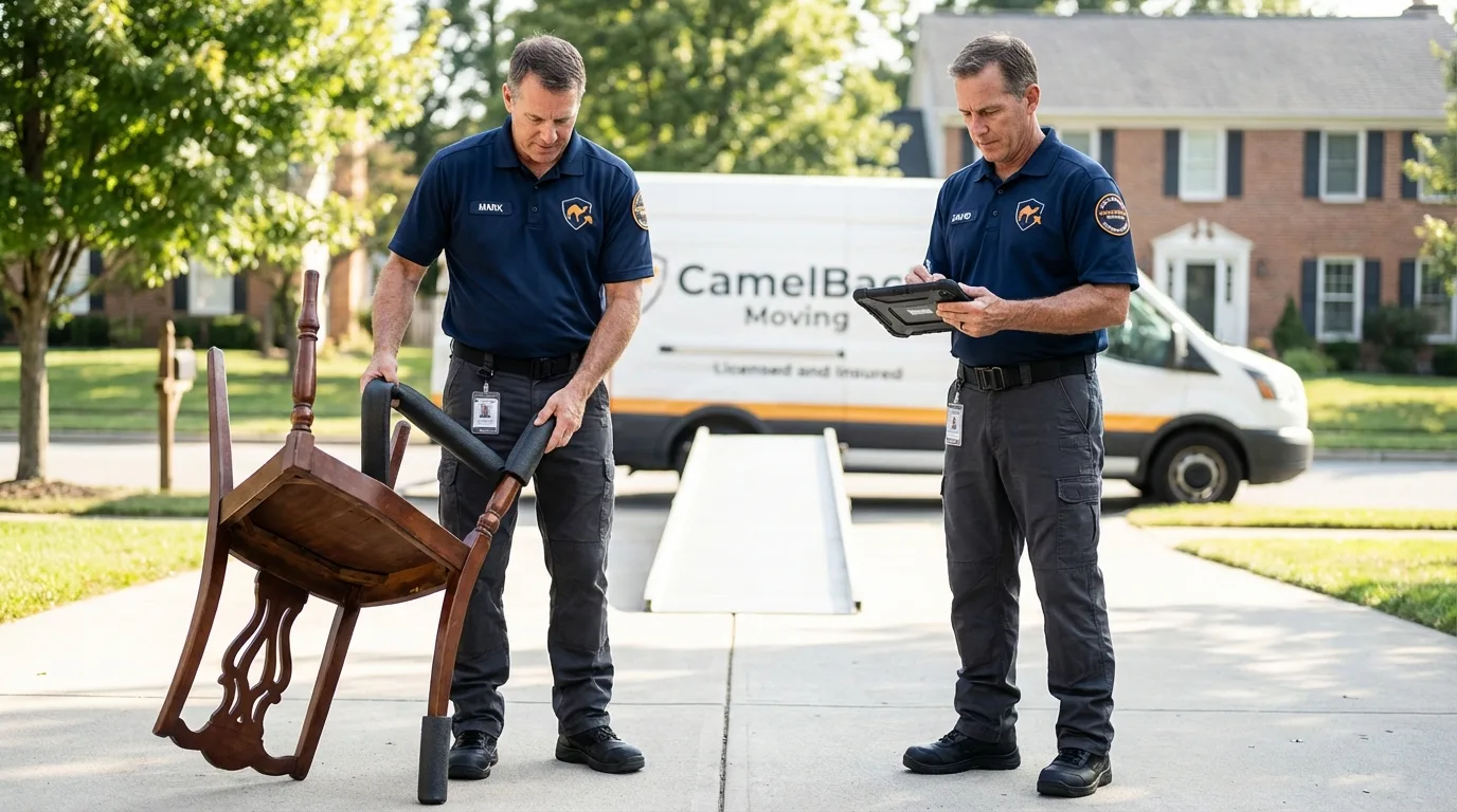 Movers inspecting furniture for damage prevention before loading in Jones, OK