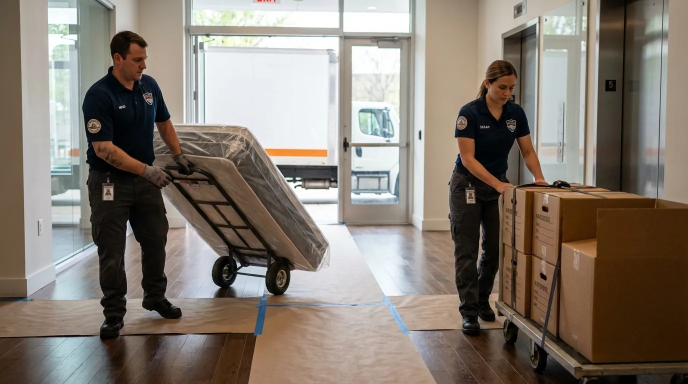 Professional apartment movers loading elevator in Jones, OK