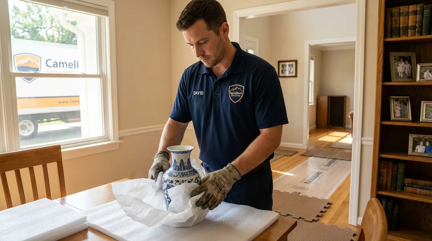 Professional crew carefully wrapping antique vase for senior downsizing move in Jones, OK